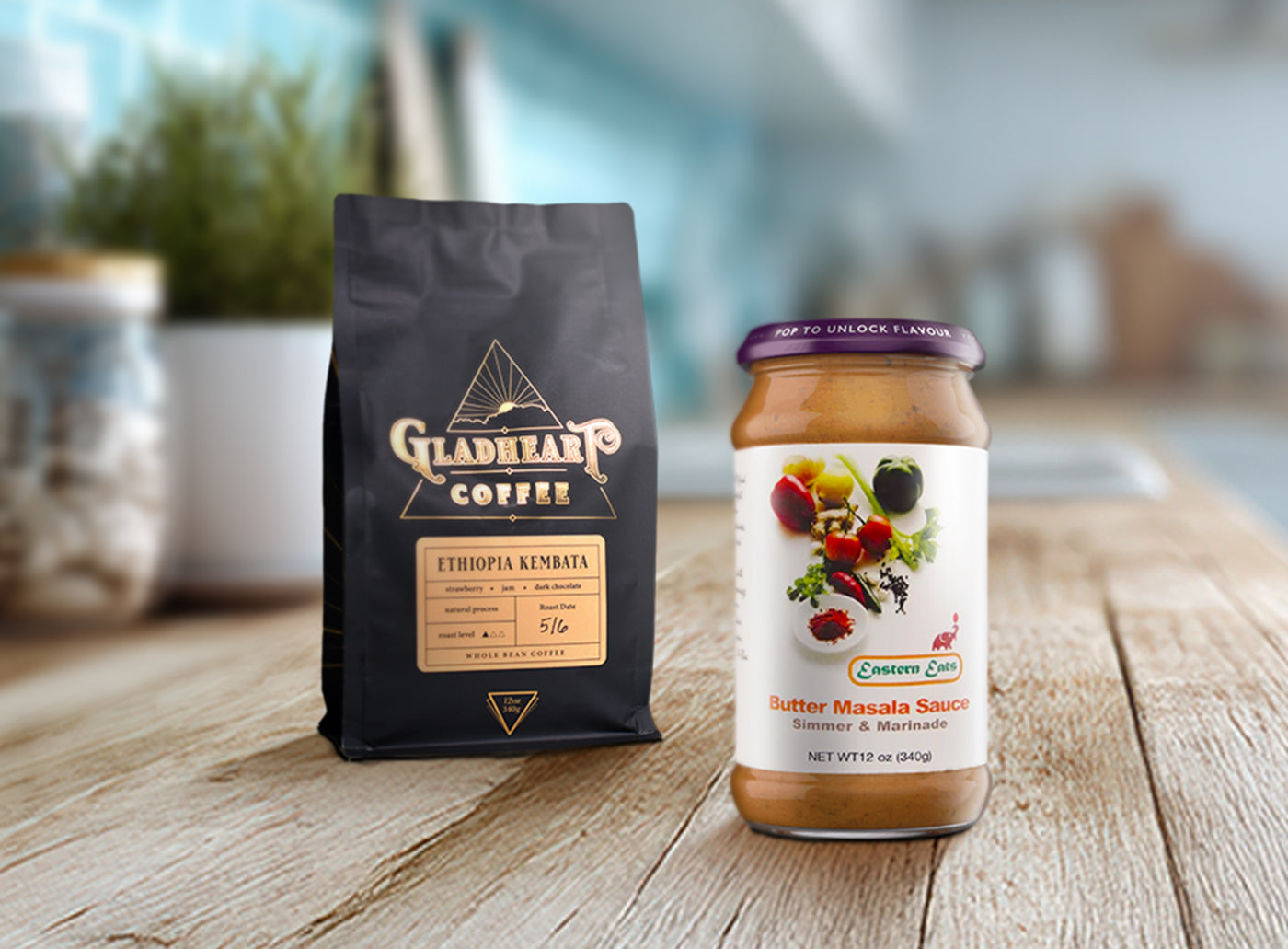 Custom coffee bag and jar label on counter