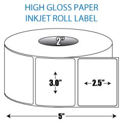 3" x 2.5" High Gloss Inkjet Roll Label - 2" ID Core, 5" OD