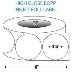 2.5" Circle BOPP High Gloss Inkjet Roll Label - 3" ID Core, 6" OD